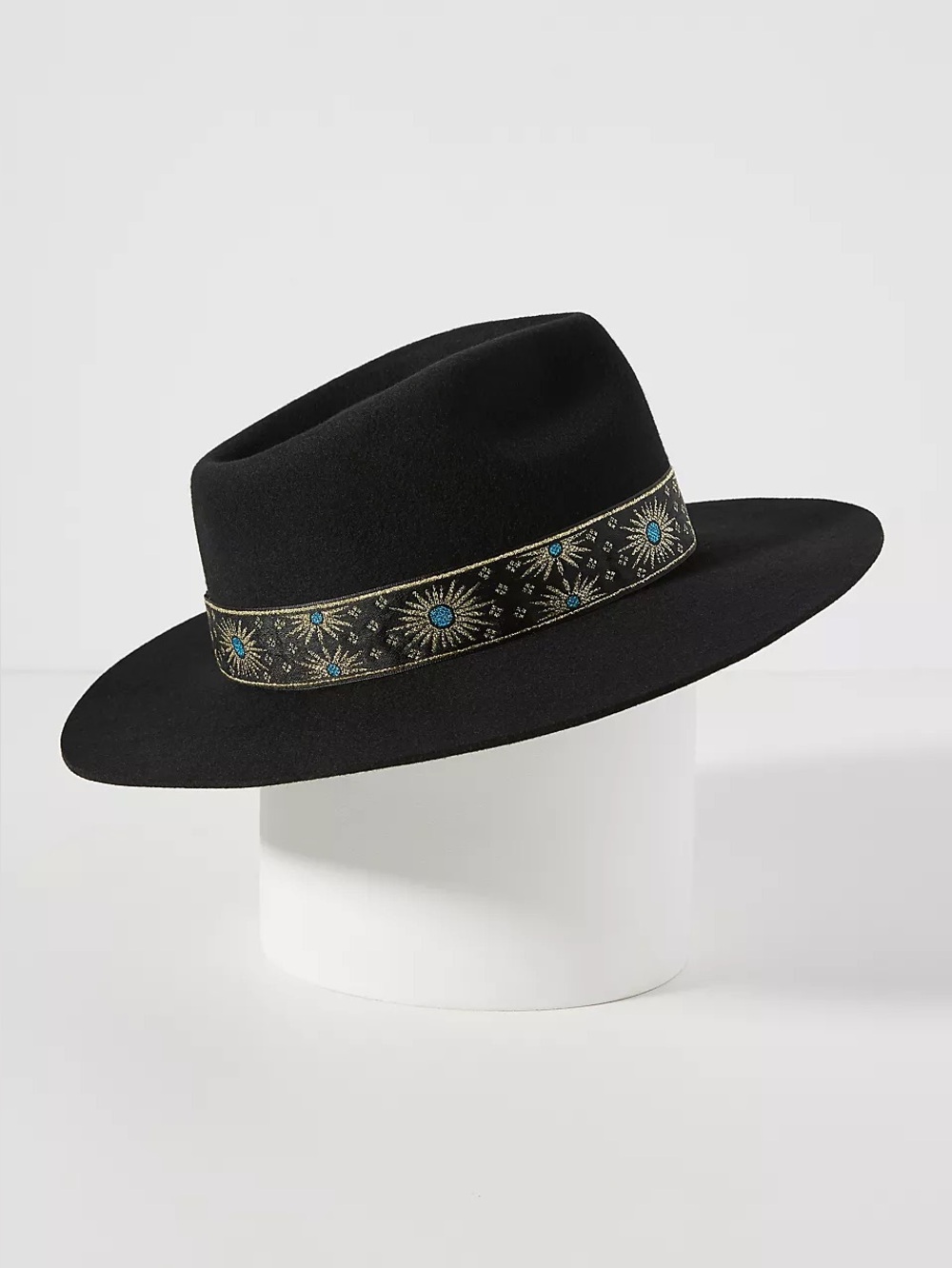 Anthropologie Lack of Color Phoenix Western Fedora Cowboy Hat Black Embroidered